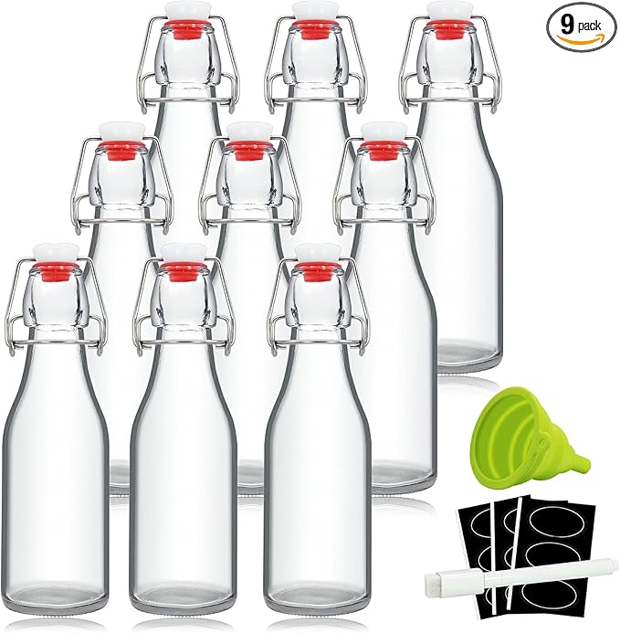 YEBODA 8oz Swing Top Bottles - Glass Beer Bottle with Airtight Rubber Seal Flip Caps for Home Brewing Kombucha, Beverages, Oil, Vinegar, Water, Soda, Kefir (9 Pack)